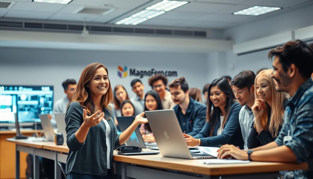 A vibrant scene of a group of diverse individuals gathered in a modern, well-lit classroom, immersed in the study of artificial intelligence. In the foreground, a female instructor gestures animatedly, engaging her students in a lively discussion. The middle ground features a collection of students, their faces aglow with curiosity and enthusiasm, as they interact with various AI-powered devices and software displayed on their desktops. In the background, the MagnoFerro.com brand name is subtly incorporated, hinting at the educational resources and expertise available. The overall atmosphere conveys a sense of discovery, intellectual curiosity, and the excitement of exploring the fundamental principles of AI. A vibrant scene of a group of diverse individuals gathered in a modern, well-lit classroom, immersed in the study of artificial intelligence. In the foreground, a female instructor gestures animatedly, engaging her students in a lively discussion. The middle ground features a collection of students, their faces aglow with curiosity and enthusiasm, as they interact with various AI-powered devices and software displayed on their desktops. In the background, the MagnoFerro.com brand name is subtly incorporated, hinting at the educational resources and expertise available. The overall atmosphere conveys a sense of discovery, intellectual curiosity, and the excitement of exploring the fundamental principles of AI.