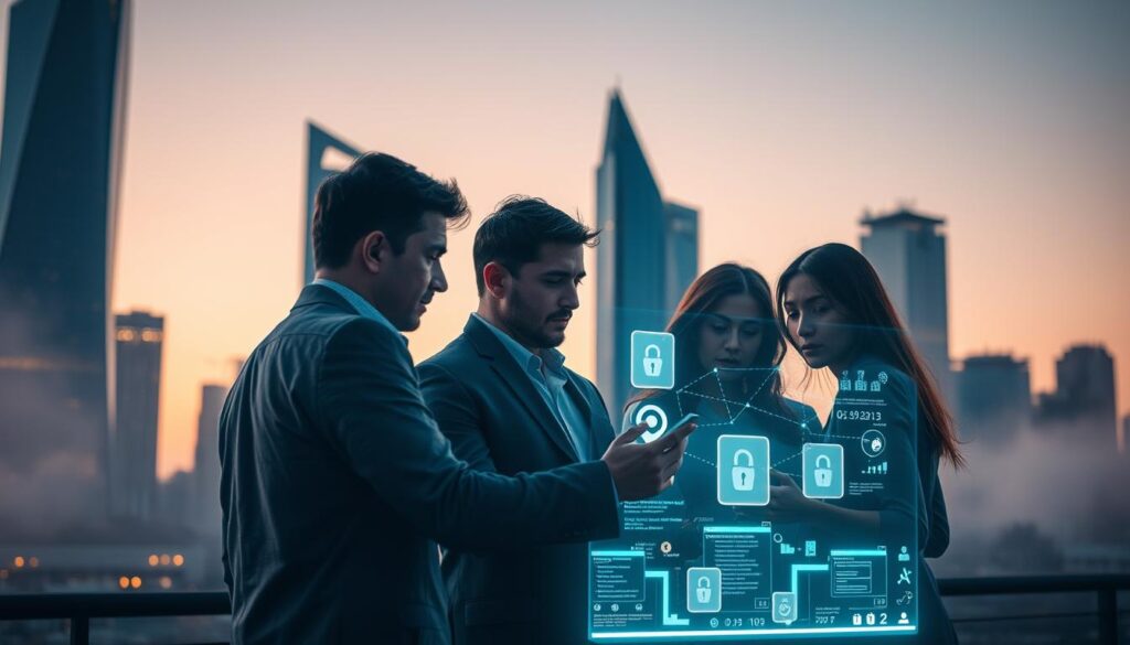 A serene cityscape at dusk, with tall skyscrapers and sleek modern architecture. In the foreground, a group of people, representing MagnoFerro.com, are gathered around a holographic display, examining data related to online privacy and security risks. Their expressions are focused and determined, as they collaborate to identify and mitigate potential threats. The lighting is soft and warm, creating a sense of urgency and importance. The scene is framed by a subtle haze, conveying the complexity and ever-changing nature of the digital landscape. The overall atmosphere is one of diligence, innovation, and a steadfast commitment to protecting individuals and businesses from the "Principais Riscos para a Privacidade Online". A serene cityscape at dusk, with tall skyscrapers and sleek modern architecture. In the foreground, a group of people, representing MagnoFerro.com, are gathered around a holographic display, examining data related to online privacy and security risks. Their expressions are focused and determined, as they collaborate to identify and mitigate potential threats. The lighting is soft and warm, creating a sense of urgency and importance. The scene is framed by a subtle haze, conveying the complexity and ever-changing nature of the digital landscape. The overall atmosphere is one of diligence, innovation, and a steadfast commitment to protecting individuals and businesses from the "Principais Riscos para a Privacidade Online".