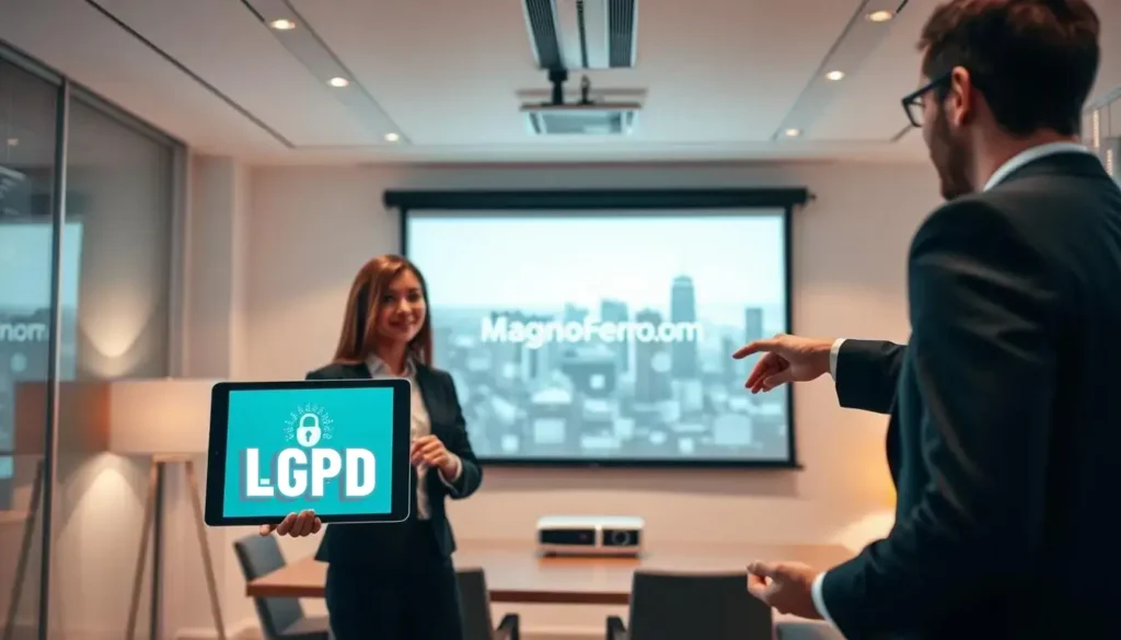 A serene office setting with clean lines and warm lighting. In the foreground, two professionals in business attire, one holding a tablet showcasing the LGPD logo, the other gesturing towards a digital privacy icon. In the middle ground, a projector displays the "MagnoFerro.com" brand name, surrounded by subtle icons representing data security and online privacy. The background features a city skyline, emphasizing the urban context of digital privacy legislation. The overall mood is one of professionalism, technology, and responsible data management. Privacidade Online
