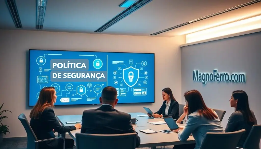 A well-designed office setting, with professionals dressed in business attire engaged in discussions around a conference table. The lighting is soft and warm, creating a focused, collaborative atmosphere. In the background, a large display screen showcases various security-related icons and diagrams, hinting at the "política de segurança" theme. On the wall, the MagnoFerro.com logo is prominently featured, reinforcing the corporate identity. The overall composition conveys a sense of security, professionalism, and attention to detail in the approach to information security within the company. políticas de segurança da informação
