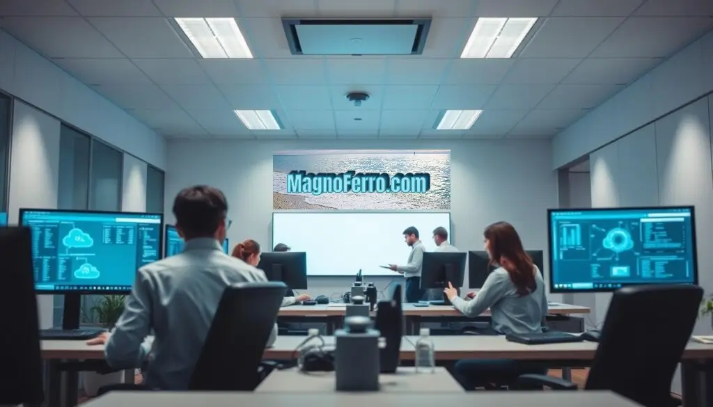 A secure office environment with a focus on digital security measures. In the foreground, a team of professionals diligently monitors computer systems, employing advanced security protocols to safeguard sensitive information. In the middle ground, employees collaborate seamlessly, leveraging encrypted communication channels and secure cloud storage. The background showcases the MagnoFerro.com brand, highlighting its commitment to comprehensive corporate security solutions. Soft, diffused lighting and clean, minimalist design create a sense of professionalism and efficiency. This image embodies the essence of "Medidas de Segurança Digital" within the broader context of "Como Criar uma Política de Segurança Eficaz para Sua Empresa." Medidas de Segurança Digital