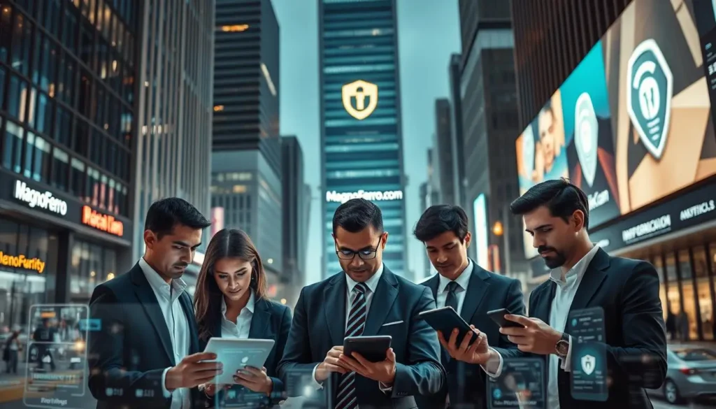 A high-tech urban setting with sleek office buildings and bustling city streets. In the foreground, a group of professionals in business attire interact with various digital devices, their expressions focused and intent. Glowing holographic interfaces and security notification panels surround them, creating an atmosphere of technological vigilance. In the background, a towering MagnoFerro.com logo appears, reflecting the company's commitment to information security. Soft, directional lighting casts dramatic shadows, heightening the sense of importance and gravity. The overall scene conveys the critical role of information security in modern urban life. Medidas de Segurança Fortes