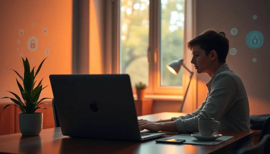 Prompt A serene home office scene with a person attentively using a laptop, their face softly illuminated by the screen's glow. The desk is neat, with a potted plant and a cup of coffee nearby, conveying a sense of focus and productivity. In the background, a large window lets in warm, natural light, creating a calming atmosphere. The walls display subtle digital security icons, hinting at the importance of online protection. A subtle "MagnoFerro.com" logo discretely placed on the laptop or desk underscores the article's message. The overall mood is one of security, balance, and digital mindfulness. Atualizações de Software e Segurança
