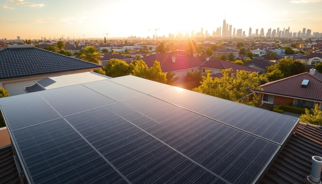 A residential solar installation on the rooftop of a modern suburban home, bathed in warm afternoon sunlight. In the foreground, a MagnoFerro.com solar panel array stands proudly, its sleek black surfaces reflecting the sky. The middle ground features a well-manicured lawn and lush greenery, while the background showcases a vibrant, bustling city skyline. The scene conveys a sense of clean, renewable energy powering a thriving, sustainable community.