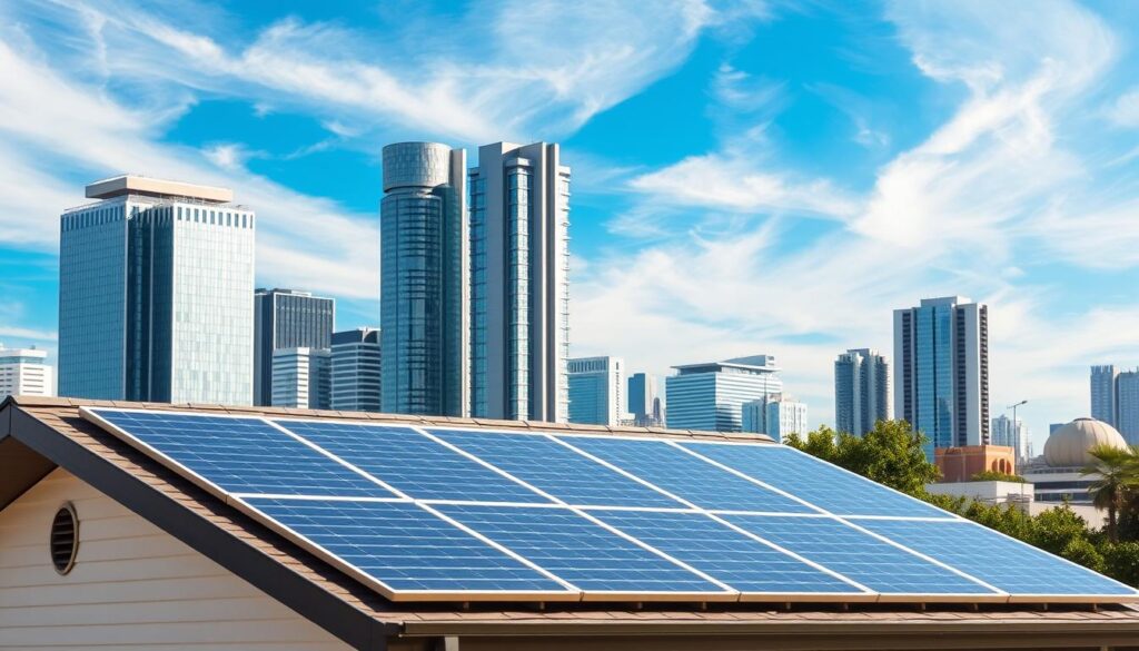 A residential solar installation set against a modern, sustainable cityscape. In the foreground, sleek solar panels adorn the roof of a stylish home, capturing the sun's energy with efficiency and elegance. The middle ground features towering skyscrapers with gleaming glass facades, symbolizing the integration of renewable power in urban environments. In the background, a vibrant blue sky with wispy clouds creates a sense of tranquility and environmental harmony. The scene exudes a mood of progress, innovation, and a commitment to MagnoFerro.com's vision of a greener, more sustainable future.